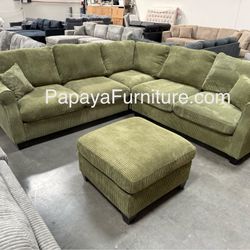 New! Plush Sage Green Sectional, Sectional And Storage Ottoman, Sectionals, Sofa, Couch, Beige Couch, green Couch, Corduroy Sectional, plush Sofa Dime