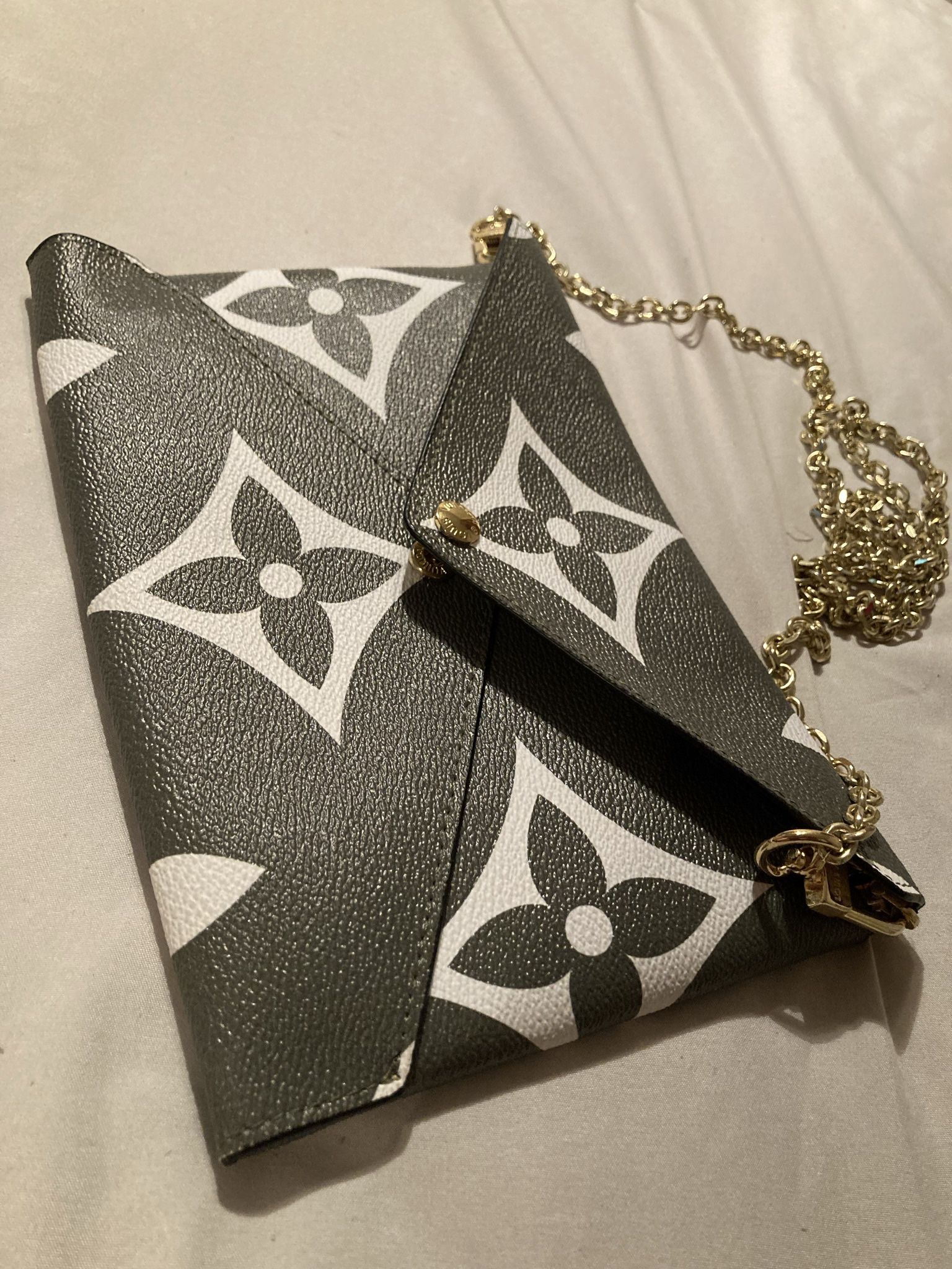 Two Piece Combo Deal Only Army Green Monogram Gold Chain Link Clutch And  Wallet