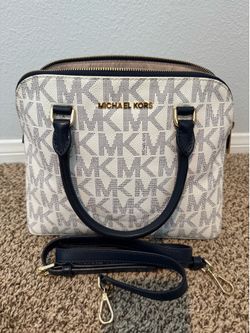 Michael Kors Cream/Gray Signature Dome Satchel with Navy Blue Handles