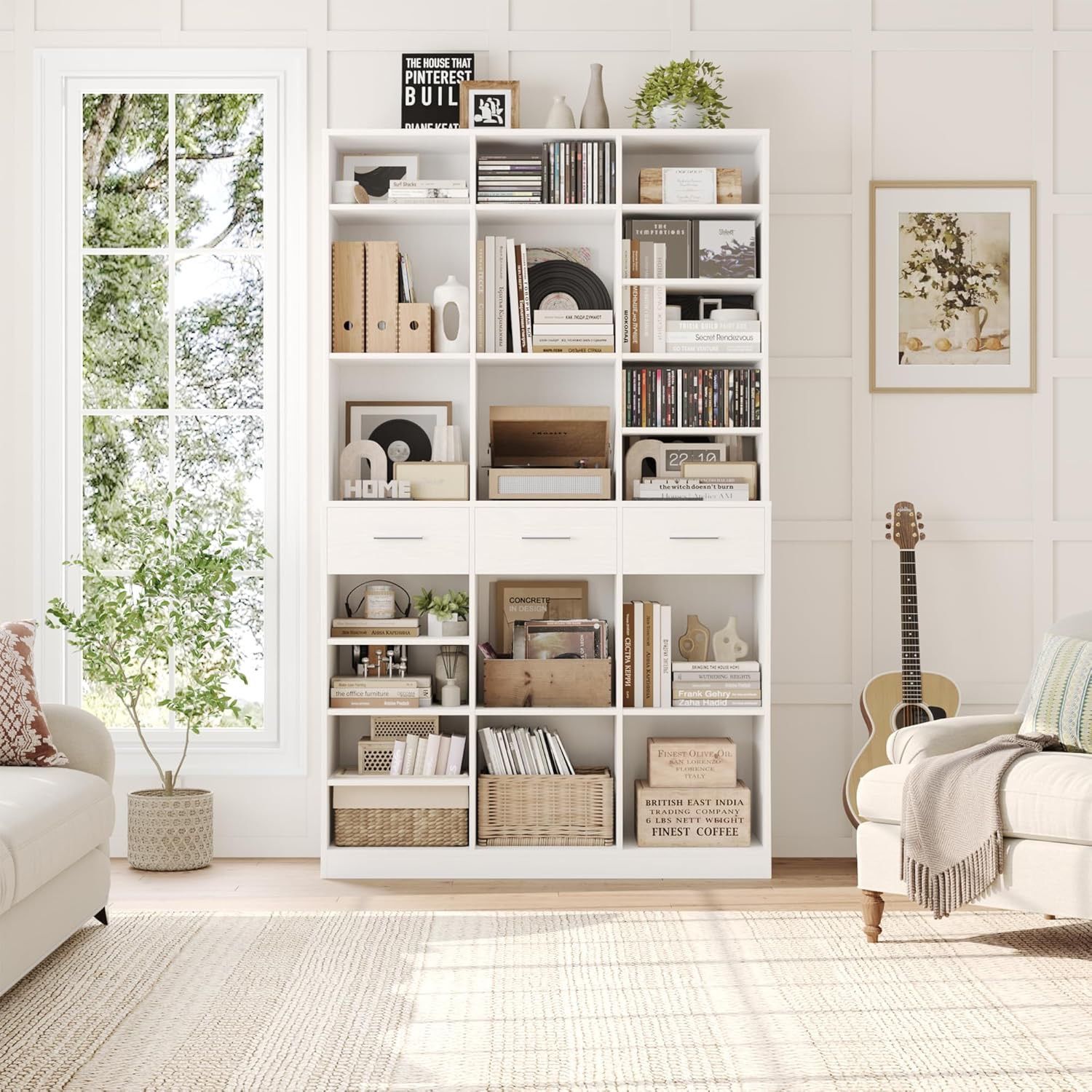 75" Tall Book Shelf and Bookcase, 47" Wide Bookshelf with Drawers, Modern 9 Tier Bookcase with Storage, Large Wood Display Cabinet with Adjustable She