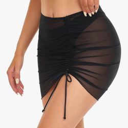 MEDIUM  Swimsuit Coverup for Women Drawstring Ruched Sheer Swim Skirt Beach Mesh Bathing Suit Cover Ups Sexy Bikini Cover Up