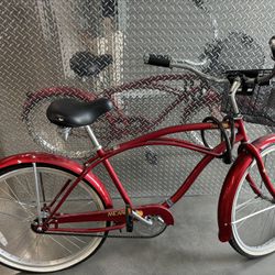 Red Beach Cruiser with basket and Bike Lock