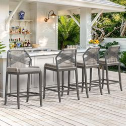 Outdoor Bar Stools, Rattan Outdoor Counter Height Bar Stools Set of 4, 26.5" H Woven Rope Patio Bar Chairs with Aluminum Legs，Slate Gray