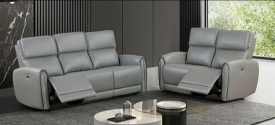 Brand New Grey Super Plush Leather Power Reclining Sofa & Loveseat