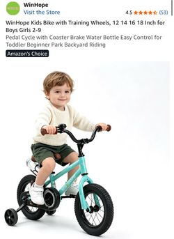 WinHope Kids Bike with Training Wheels, 12 14 16 18 Inch for Boys Girls 2-9 Pedal Cycle with Coaster Brake Water Bottle Easy Control for Toddler Begin