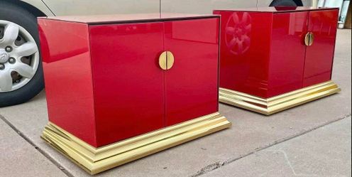 Gorgeous Vintage Matching Ello Cabinets / Nightstands in Rare Red Glass & Gold