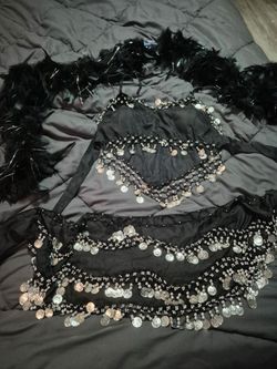Black Belly Dance Hip Scarf Set with Feather Boa