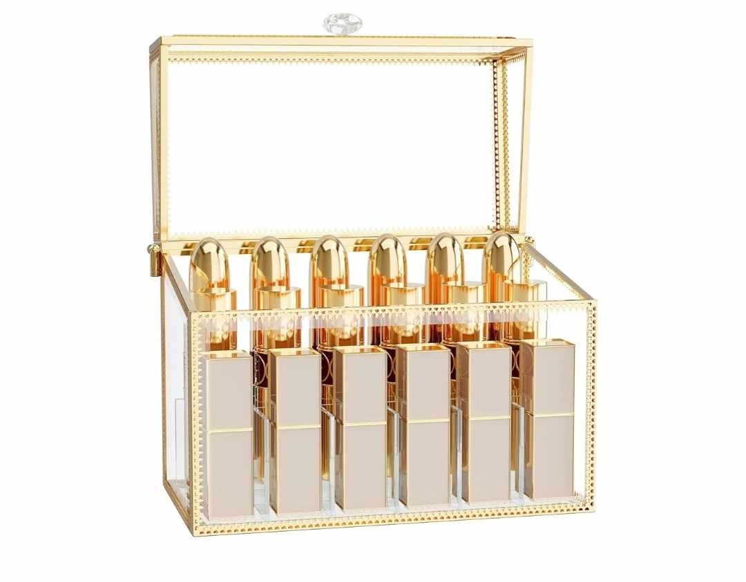 NEW Lipstick Organizer,Luxury Tempered Glass Lipstick Holder & Nail Polish Organizer, 18-Slot Vanity Cosmetic Organizer with Removable Dividers, Gold