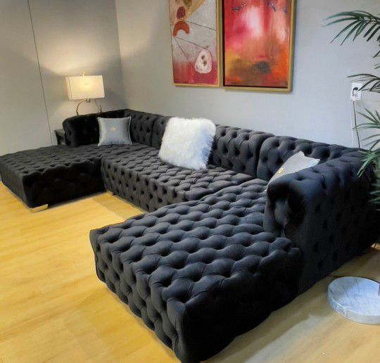 Glam Chesterfield style Tufted Design Black Velvet Sectional Couch With Double Lounge Chaise ⭐$39 Down Payment with Financing ⭐ 90 Days same as cash