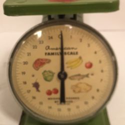 Vintage/Antique (1960’s) American Family Scale 25LB Green Rustic Farmhouse Metal Family Kitchen Scale food canning in working condition 