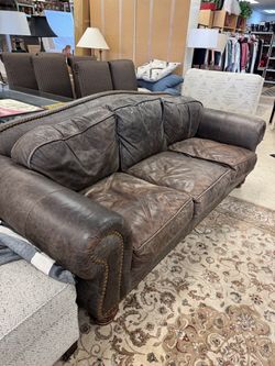 Brown Leather Sofa with Nailhead Trim