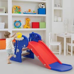 Toddler Slide red/ blue 3-in-1 , Baby Slide Playset with Basketball Hoop for Indoor and Outdoor, Red and Blue, NEW 

