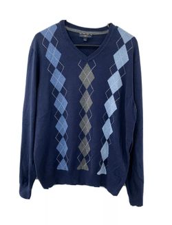 Club Room Mens Navy Blue Sweater Large Knit Diamond Print Formal $50