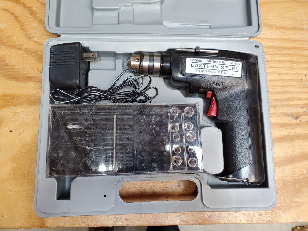 Eastern steel cordless drill, case, bits