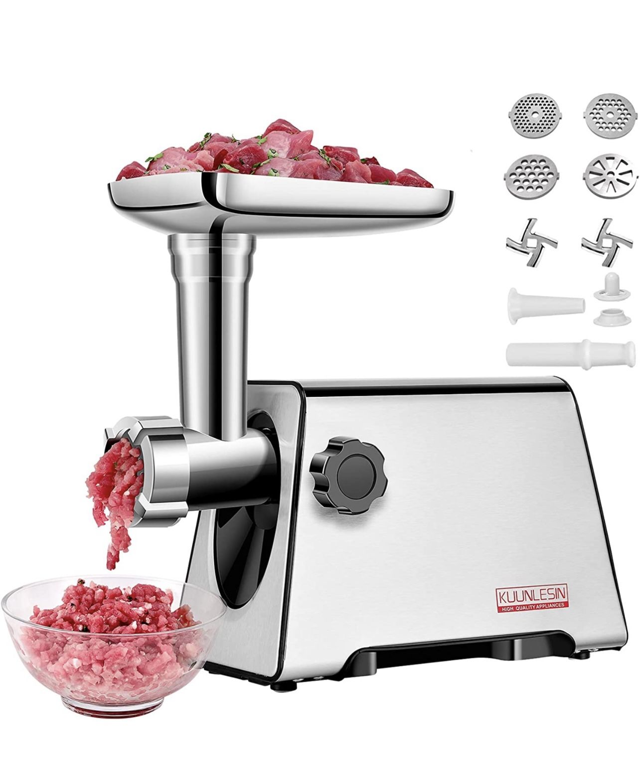KUUNLESIN Meat Grinder, Electric Meat Grinder, 350W[2800W Max], Sausage Maker, Meat Mincer, Meat Sausage Machine, 4 Sizes Plates,Sausage & Kubbe Kit f