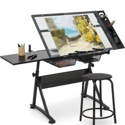 Adjustable Height Drafting Table with Stool, Modern Style, Tough Glass Top, 28-36 in Length, 19 in Width, 30 in Height, Ideal for Artists, Designers,