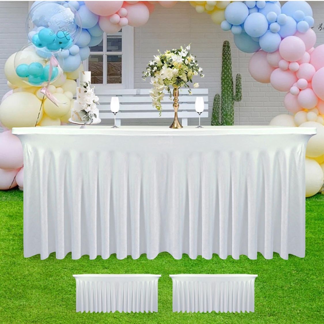 Yoquare 2 Pack - White Spandex Table Skirt for 6ft Tables (72" L x 30" W x 30" H) | Stretch, Washable & Wrinkle-Resistant Fitted Cover | Banquet, Birt