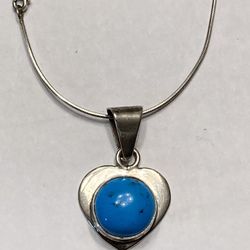 925 Silver Heart Pendant With Blue Turquoise Necklace 