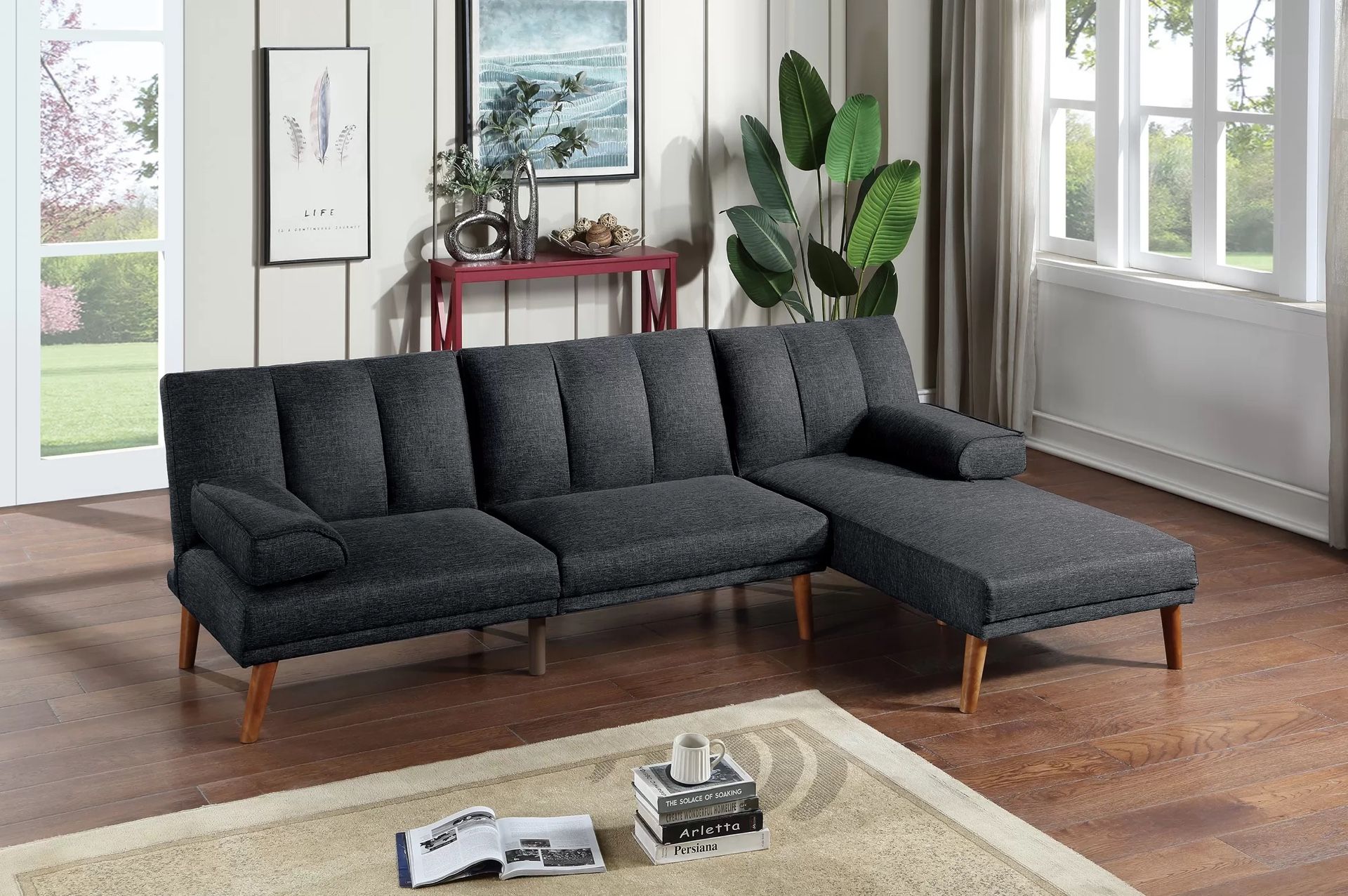 Black Polyfiber Sectional Sofa Set Living Room Furniture Solid wood Legs Plush Couch Adjustable Sofa