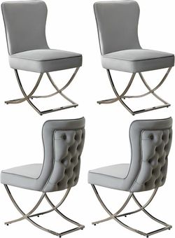 Set of 4, Luxury Velvet Dining Chairs, Tufted Upholstered Armless Accent Chairs with Silver Metal X-Legs, Modern Glam Dining Room Chair Light Grey