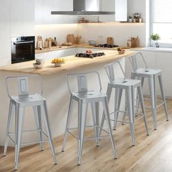 30 Inch Metal Bar Stools Set of 4, Counter Height Bar Stools with Low Back,Modern Industrial Bar Chairs for Kitchen (Silver)