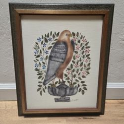 Vtg Fraktur Original Watercolor Bird Dove Signed Framed 16x13" Folk Art