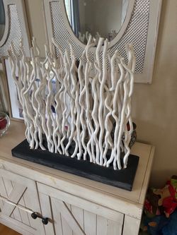 White Twig Branch Decorative Sculpture on Base