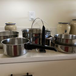 Compact nesting stainless steel cookware set / camper / boat pots pans