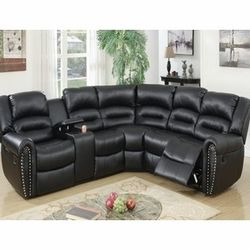 Brand New Black Leather Manual Reclining Corner Sectional