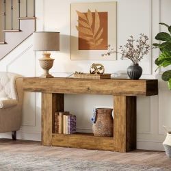 Mesa consola de 63", mesa de entrada de 2 niveles estilo granja con base en forma de U, mesa de sofa