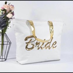 Wedding Gold Sequin Canvas Tote Bag Zipper,Bridal Shower Gifts for Bride Bag with an Internal Pocket