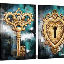 LevvArts Teal and Brown Canvas Wall Art Vintage Lock and Key Love Painting on Canvas Vintage Antique Artwork