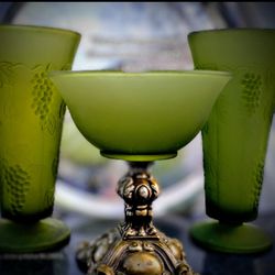 Green Satin Frosted Glass Goblets And 2 Indiana Glass Co. Satin Glass Harvest Grape Vase