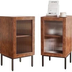 SF0006 Set of 2 End Table, Farmhouse Sofa Table with Glass Door, Side Tables for Living Room, Bedroom, Brown