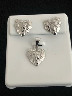 Silver Nugget Heart Earrings & Pendant