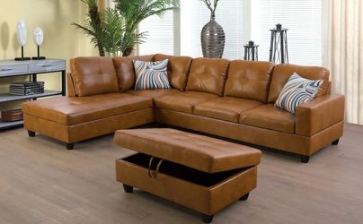 Carmel leather sectional couch and storage ottoman
