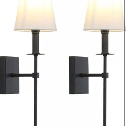 Set of 2 Industrial Wall Sconce Lighting with Flared White Textile Lamp Shade