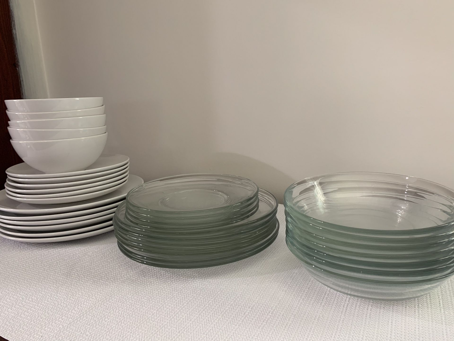 Dishes - white and glass plates and bowls