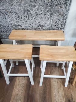 3 Pc White With And Natural Stools And Bench (New)