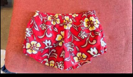 Vintage L.A.S.O. Hawaiian Floral Swim Trunks / Beach Shorts – Red Tropical Print