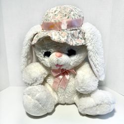 Vintage Easter Girl Bunny With Bonnet Stuffed Plush
