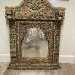 Exquisite Large Wood Hand Carved Distressed Folk Art Mirror 