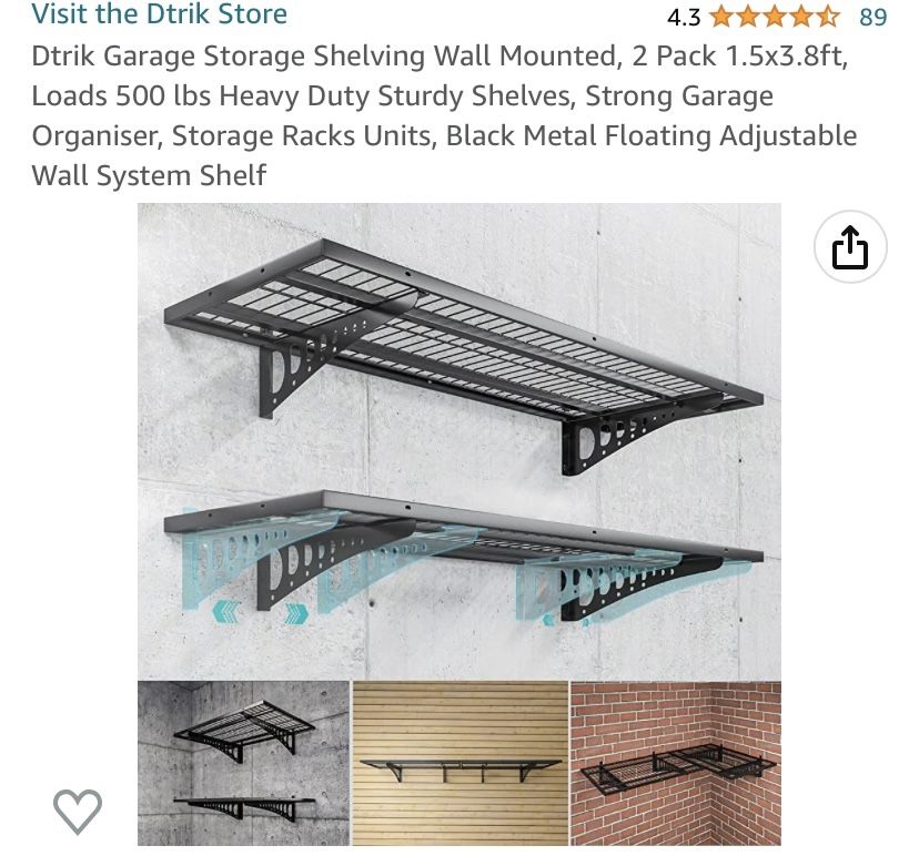 Dtrik Garage Storage Shelving Wall Mounted, 2 Pack 1.5x3.8ft, Loads 500 lbs Heavy Duty Sturdy Shelves, Strong Garage Organiser, Storage Racks Units, B