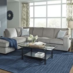 Gray Sectional Sofa Right or Left facing chaise attached back pillow piped seams Accent Pillows included 110x90