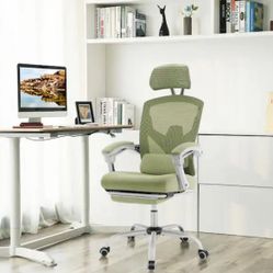 Ergonomic High-Back Mesh Reclining Home Office Desk Chair with Footrest & Lumbar Support in Green with Comfy Arms