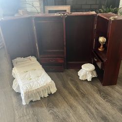 Vintage Wooden Dollhouse Bedroom Set – Fold-Out Trunk Style – Handcrafted Look – Includes Bed, Dresser, Vanity & Accessories