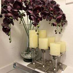 Pottery Barn Vase, Candle Holders, Candles, And Flowers