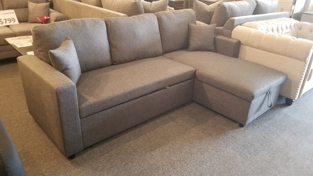 Brand New 87" x 57" Gray Or Black Linen Reversible Sectional + Ottoman