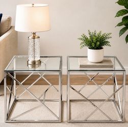 Pair of Modern Chrome & Glass End Tables / Side Tables – Sculptural Geometric Bases