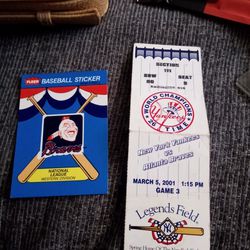 Atl Braves 1988 Sticker And 2001 Ticket To Ny And Atl Baseball 